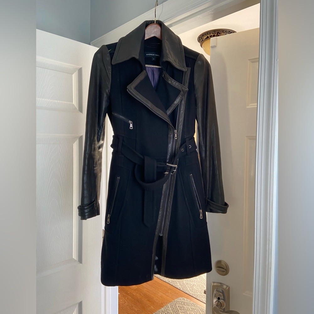 Andrew Marc Black Size 6 Wool & Leather Coat